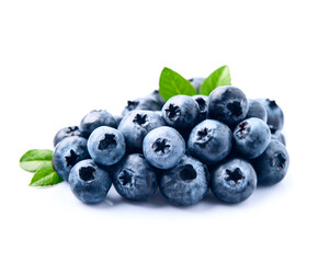 Blueberries with leaves on white backgrounds