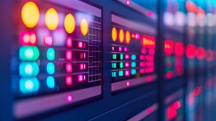 close-up of colorful led lights on server racks in data center, technology infrastructure, digital network, modern server room, high-tech equipment, data processing, cybersecurity, cloud computing, di