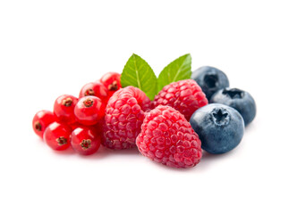 Sweet berries of blueberries, raspberries and  red currant on white backgrounds