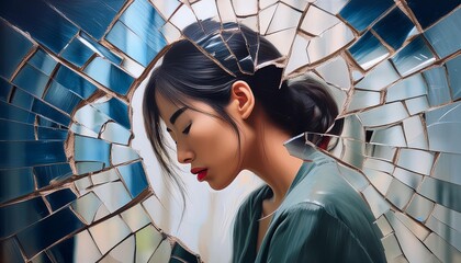 The weight of failure: An oil painting of a broken mirror, conveying feelings of defeat and self-doubt