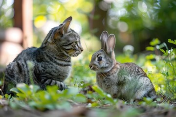 Obraz premium Tabby cat and a bunny rabbit are peacefully meeting in the grass on a sunny day