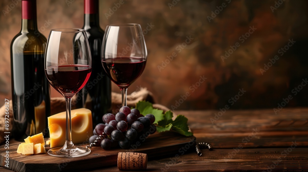 Poster two glasses of red wine filled to the brim sit on a wooden table alongside two bottles of red wine, 