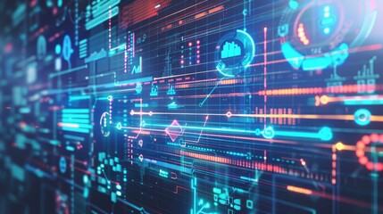 Conceptual digital interface with icons and data streams representing business intelligence. -