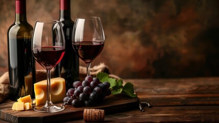 Obraz premium Two glasses of red wine filled to the brim sit on a wooden table alongside two bottles of red wine, a block of cheese, and a bunch of grapes. Generative AI