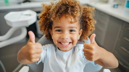 Happy child giving thumbs up in dentist chair, positive dental checkup