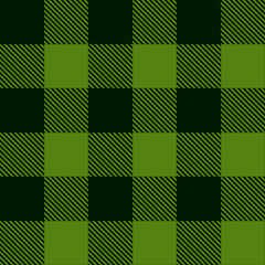 Green buffalo checkered texture. Checkered lumberjack seamless pattern. Geometric fabric background for flannel shirt, picnic blanket, kitchen napkin, tweed coat. Vector flat illustration.
