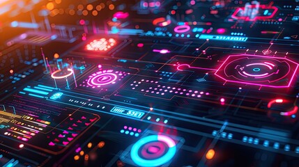 Obraz premium Conceptual image of a digital interface with futuristic icons and data streams.