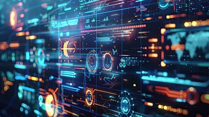 Conceptual image of a digital interface with futuristic icons and data streams.