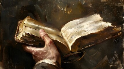 Hand Holding a Book: A hand holding an open book, with pages slightly ruffled, indicating a moment of reading.

