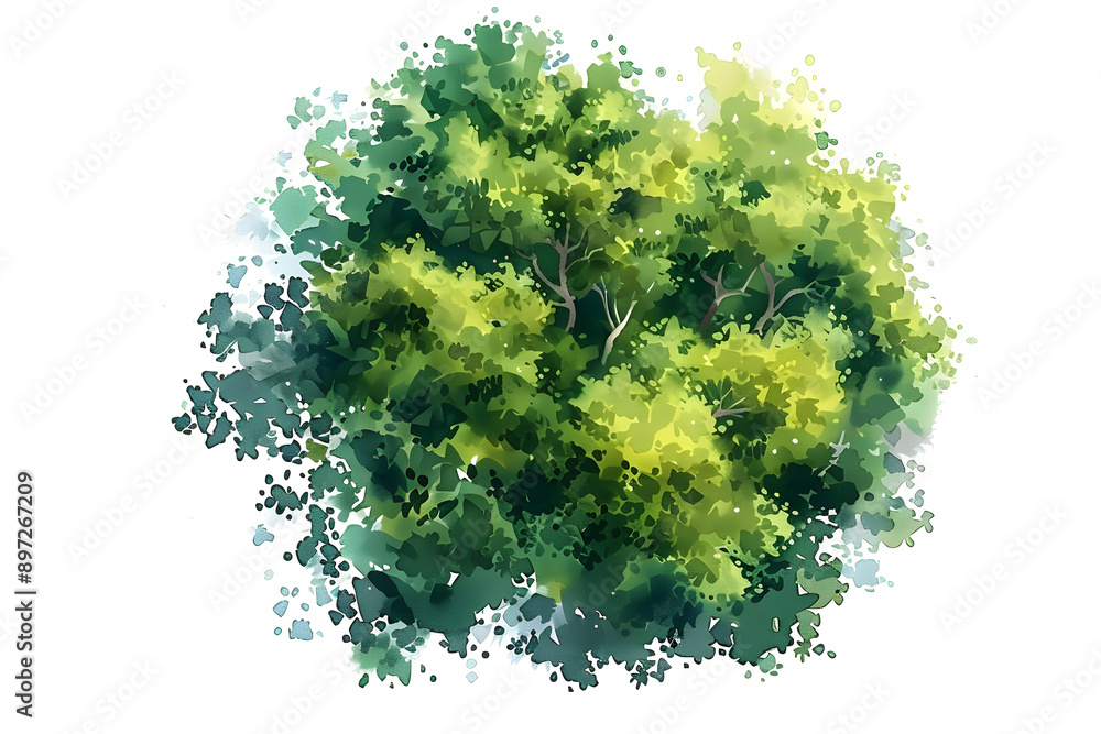 Poster vector drawing of isolated watercolor tree viewed from above on white background for designing lands