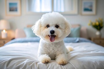 White Poodle Dog Relaxing on a Bed.
