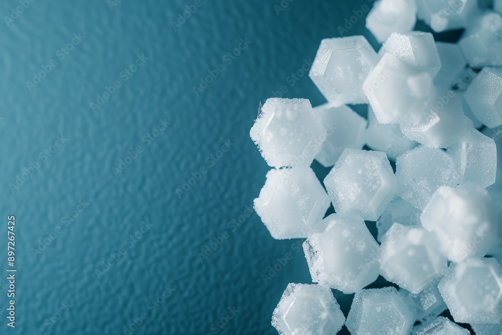 Poster close-up macro photography of hexagonal salt crystals on a blue background - abstract texture for sc