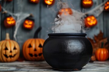 black cauldron with smoke, halloween decorations