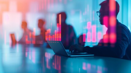 business professionals collaborating on laptop with data visualization and charts in modern office setting.