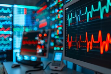 close-up of computer monitors displaying vital signs and medical data, with red and blue heart rate graphs, medical technology, healthcare monitoring, digital healthcare, medical equipment, hospital r