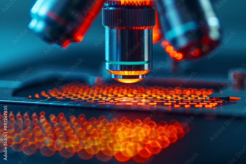Poster close-up of a modern microscope lens focusing on a red and blue circuit board with a shallow depth o