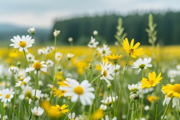 vibrant meadow of white daisies and yellow wildflowers in a lush green field with a blurred forest background on a sunny summer day.