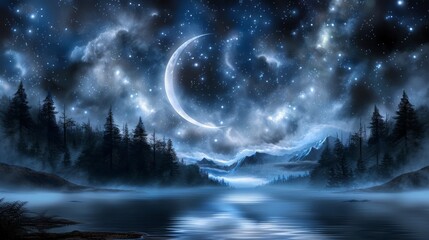 Fototapeta premium A serene night scene featuring a starry sky with a glowing moon over a calm lake, surrounded by towering trees, evoking a sense of tranquility and beauty.