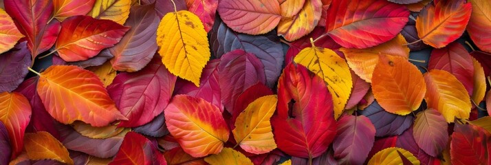 Autumn leaves close up background. Colorful fall leaves pattern. Macro top view