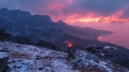 Majestic Winter Wonderland at Sunset in the Mountains
