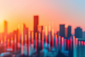 abstract cityscape with financial data and glowing bars during sunset