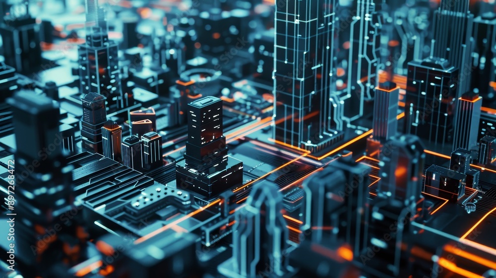 Poster 3d rendering of an abstract technological digital city from data in cyberspace, illustrating informa