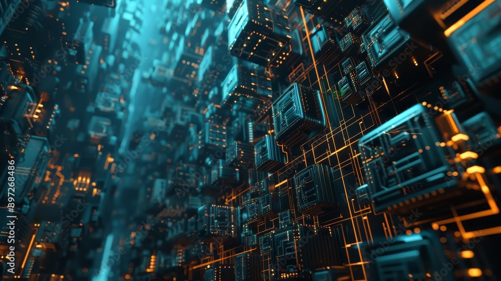 Poster 3d rendering of an abstract technological digital city from data in cyberspace, illustrating informa