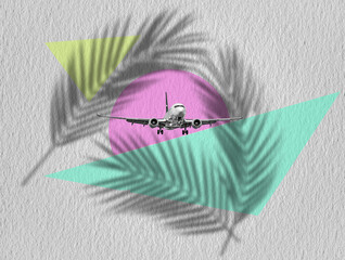 A travel concept with a white plane and palm leaf shadow inside a circular ring