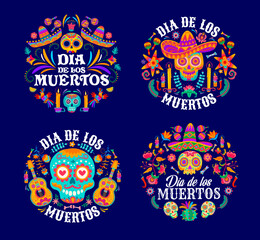 Naklejka premium Dead day Mexican holiday, dia de los Muertos round emblems. Isolated vector labels with calavera sugar skulls, burning candles, cacti plants and flowers, bones, sombrero, guitar and hummingbirds