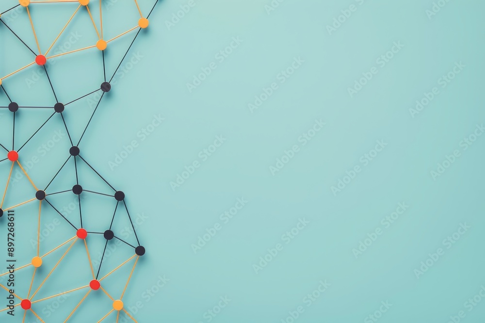 Poster abstract network concept with colorful pins and string on light blue background for business, techno