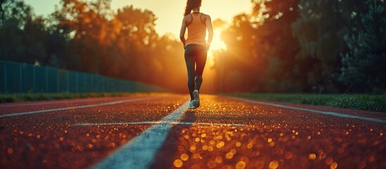 Woman Running on Track at Sunset