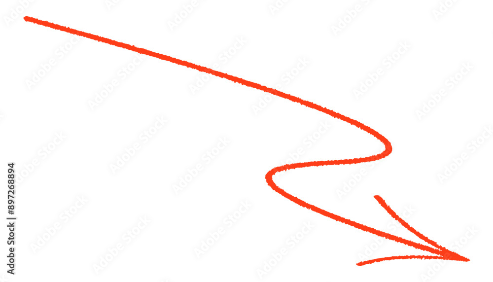 Poster hand-drawn red arrow curving downward and to the right. thin, textured lines with a smooth curve. ve