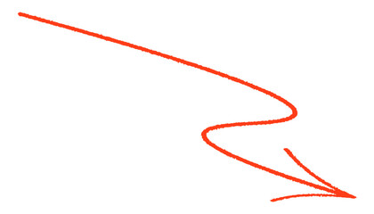 Hand-drawn red arrow curving downward and to the right. Thin, textured lines with a smooth curve. Vector illustration.