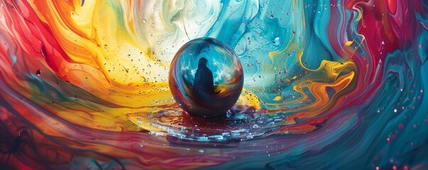 Surreal Exploration of Human Existence: Person in Vibrant Fishbowl Underwater