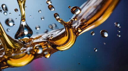 Close-up of golden liquid splashes creating mesmerizing patterns against a blue background, captured in high-speed photography.