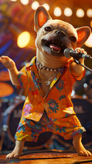 French bulldog singing into a microphone in a vibrant floral outfit