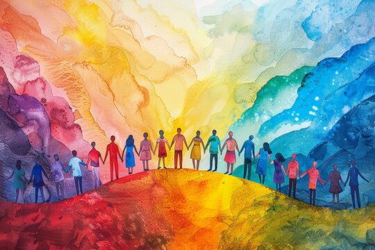Naklejki Colorful, abstract image diverse group holding hands on hill, symbolizing unity, pride, support for LGBTQ+ community. Vivid colors abstract background harmony togetherness, celebrating inclusivity.