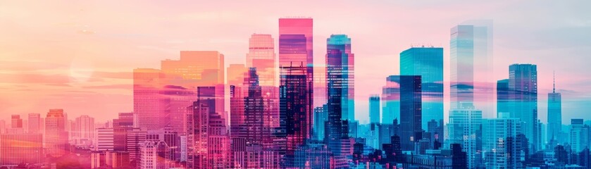 Fototapeta premium cityscape silhouette with double exposure and pastel sunset colors in pink, purple, and blue hues for modern business and technology design