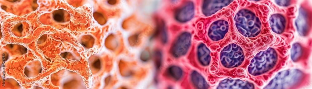 Poster abstract cellular structure close-up microscopic view of cells with circular and spiky shapes, red, 