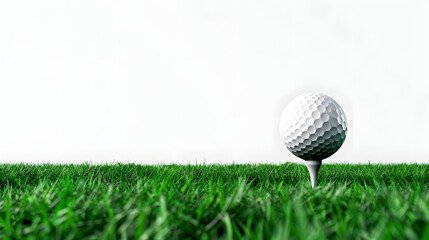 Golf ball on green turf isolated on white background