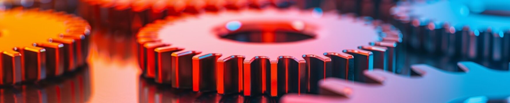 abstract colorful gear system concept - interlocking metal cogs and wheels with vibrant hues - industrial machinery background - teamwork collaboration design