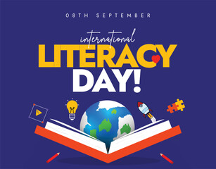 International Literacy Day. 8th September Literacy day banner, post with an open book, earth globe, spaceship, bulb, puzzle pieces, pencils. The day celebrates importance of literacy, reading, writing