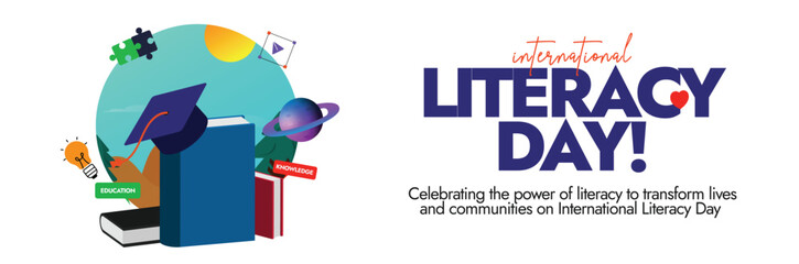 Literacy day background, banner, post, conceptual design. 8th September International Literacy day cover banner with colourful educational icons. The theme for 2024 is Promoting multilingual education