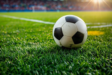 Obraz premium Soccer ball on green grass field in sport stadium. World championship cup. Football match bet. Concept of professional sport, hobby, leisure. Banner, poster, card with copy space. AI
