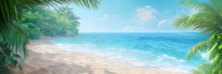 Scenic beach with palm trees and turquoise water.