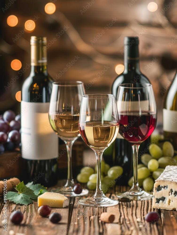 Aufkleber Wine bottles and glasses filled with white and red wine sit next to a wedge of cheese and grapes on a weathered wooden table in a cozy setting. Generative AI