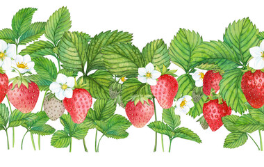 Red strawberry seamless border. Ripe red berries, flowers and leaves. Hand drawn watercolor ornament. Delicious food, fresh botanical realistic painting. Summer berry banner for menu, packaging, print