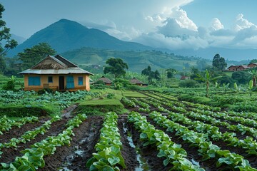 Scenic view rural farm with green crops and traditional houses against mountain backdrop, showcases sustainable agriculture practices their benefits local communities environment in developing region.