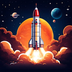 Obraz premium space rocket with blast and smoke successfully takes off into starry. New spaceship lift off, is flying on a space mission