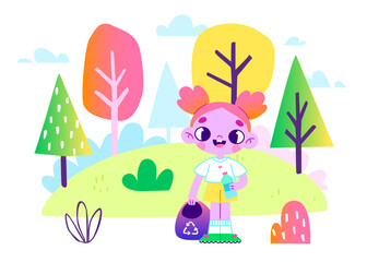 Fototapeta premium Cartoon girl collects plastic waste in the forest. Cute volunteer child cleaning up the park.